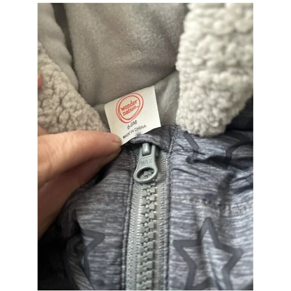 Wonder Nation Lined Baby Puffer Snowsuit One Piece Gray With Stars Size 6-9M NWT